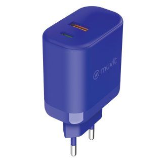 Cargador de pared con 1 puerto USB y 1 tipo C azul
