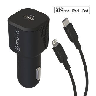 Pack de cargador coche tipo C y cable tipo C a lightning MFI negro
