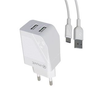 Pack de cargador de pared USB 2 puertos y cable tipo C blanco