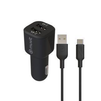 Pack de cargador de coche USB 2 puertos y cable tipo C negro
