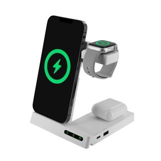 Base de carga inalámbrica 6 en 1 plegable para smartwatch, iWatch y Airpods con dos puertos USB blanca