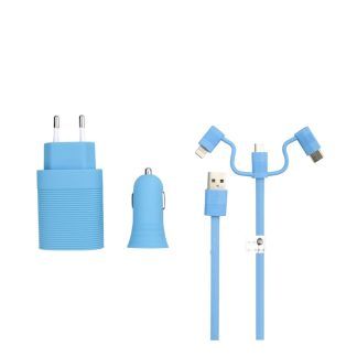 Pack cargadores de coche casa y cable 3 en 1 azul