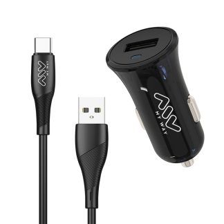 Pack de cargador coche USB y cable USB a tipo C negro